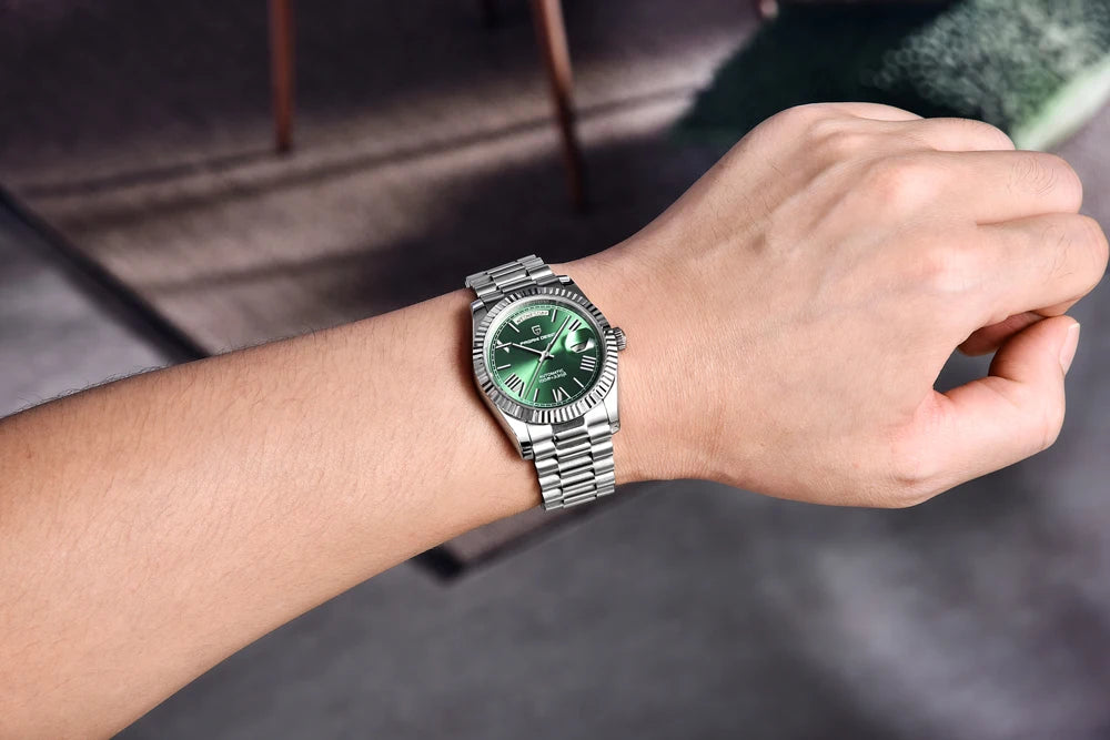 Pagani Design men's luxury automatic watch with green dial and stainless steel bracelet.