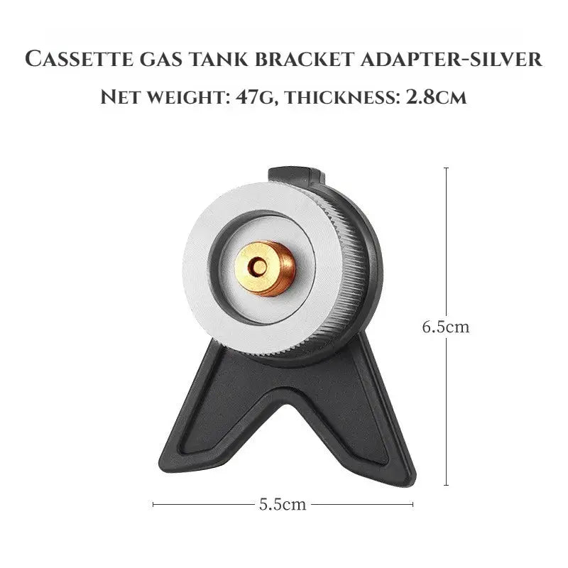 Butane adapter with bracket by Simples Market, silver and black camping stove accessory