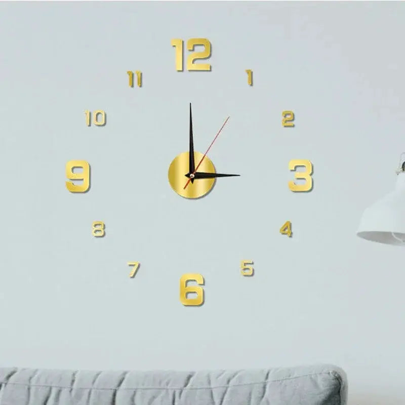 Large 3D DIY wall clock sticker with gold numerals and black hands on pale wall
