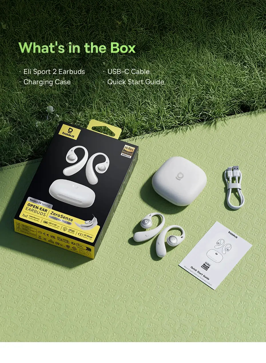 Baseus Eli Sport 2 open-ear wireless earbuds pair with white charging case and USB-C cable