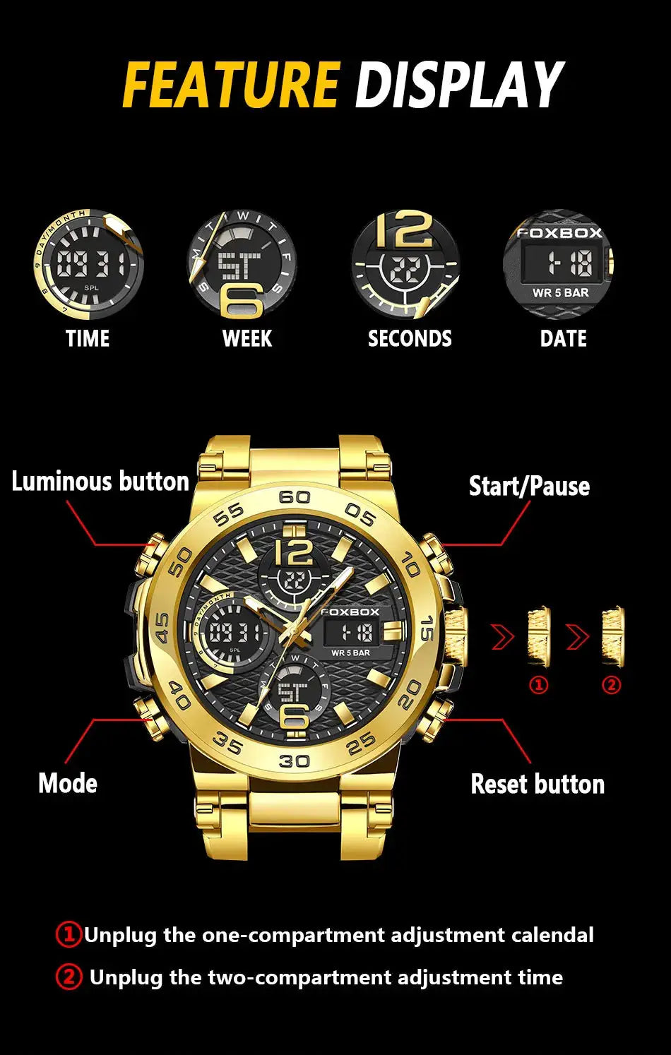 FOXBOX men's gold-tone chronograph diver watch with date display and 5 BAR water resistance