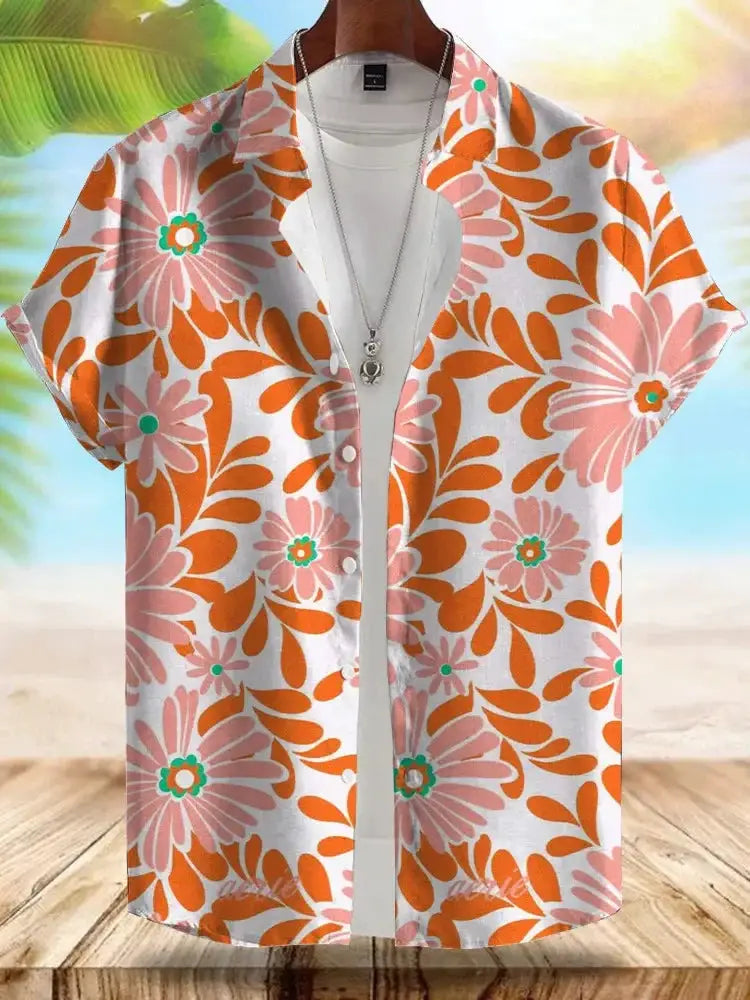 Hawaiian style men's short-sleeve shirt from Simples Market with loose fit and orange-pink floral print