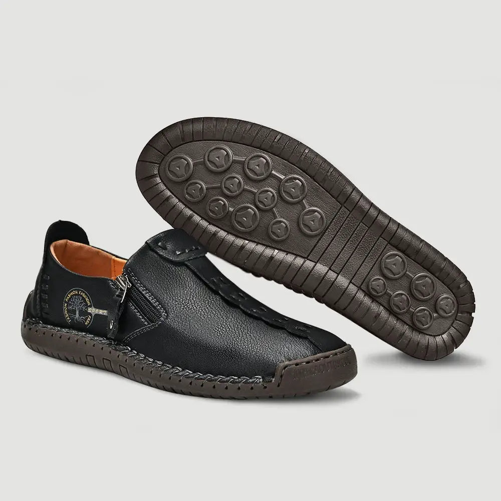 Men's black leather slip-on loafers by Simples Market, breathable moccasin-style casual shoes with brown outsole