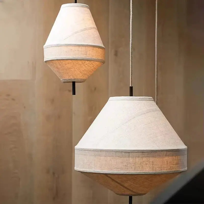 Simples Market Japanese Wabi Sabi fabric pendant light pair, beige linen shades, indoor ceiling lamps