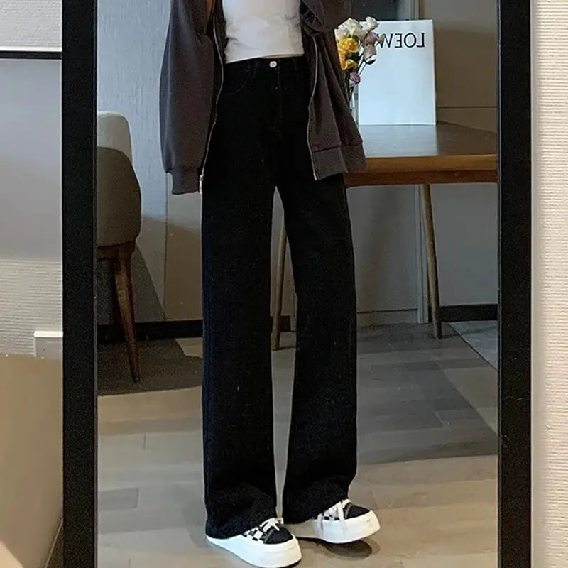 Womens Vintage Wide Leg Jeans High Waist Denim Pants Black Grey Blue