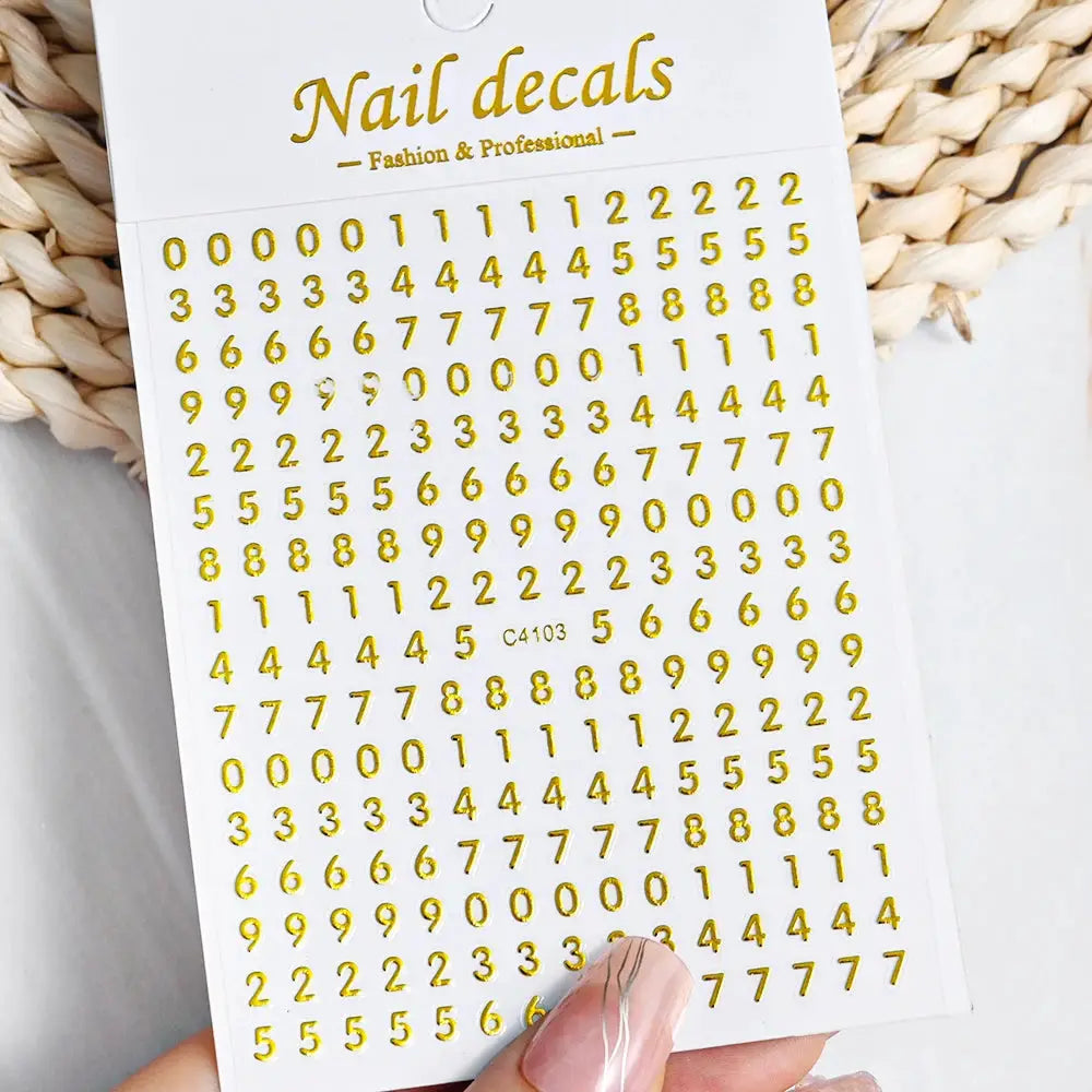 Simples Market 3D roman letter nail stickers sheet in gold, self-adhesive decals for manicure