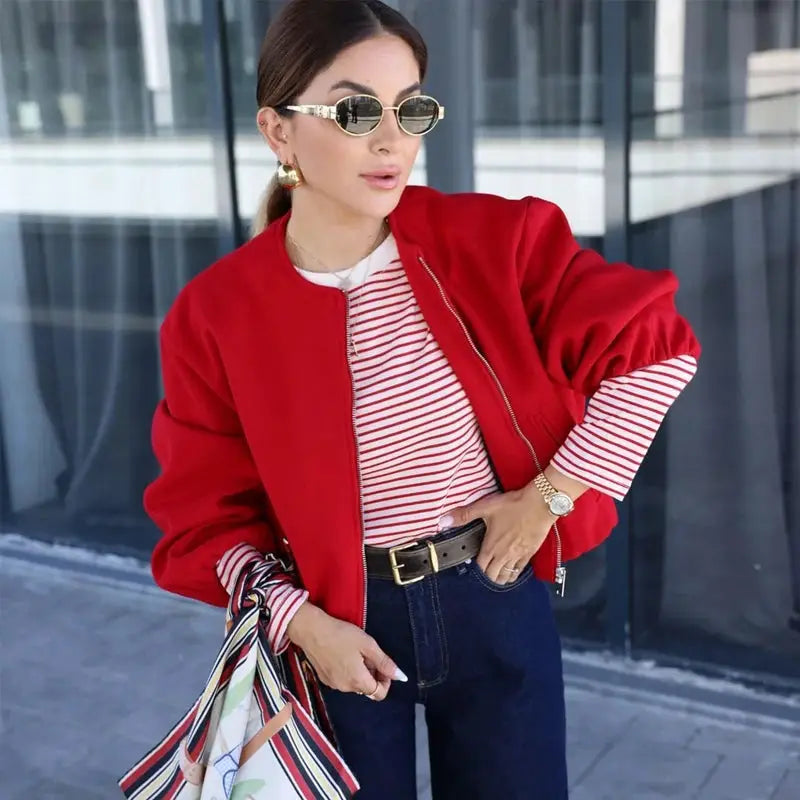 Mujer Red Zipper Bomber Jacket For Women Cropped Soft Long Sleeve Outerwear For Autumn Winter