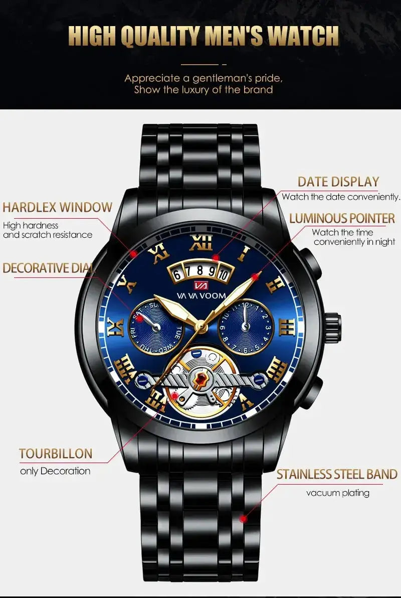 Men's luxury stainless steel watch with blue dial and date display