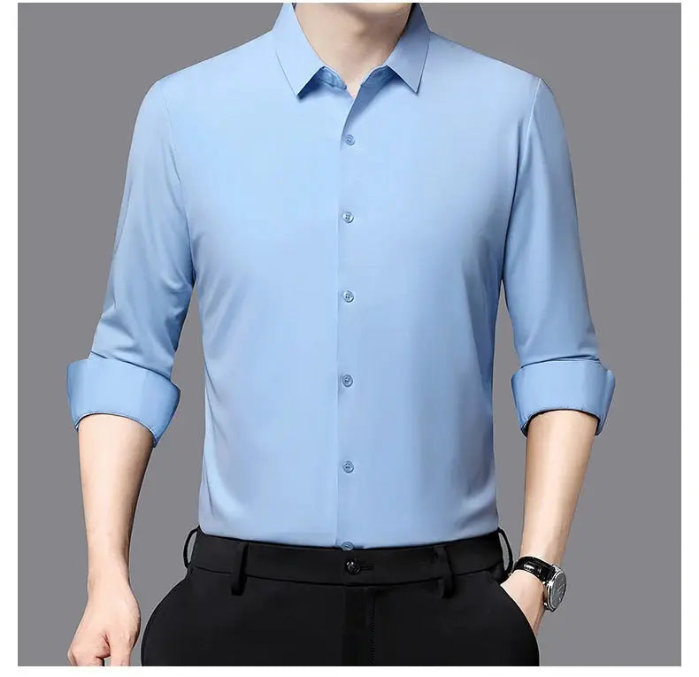 Men's light blue ultra-stretch silky business shirt with long sleeves