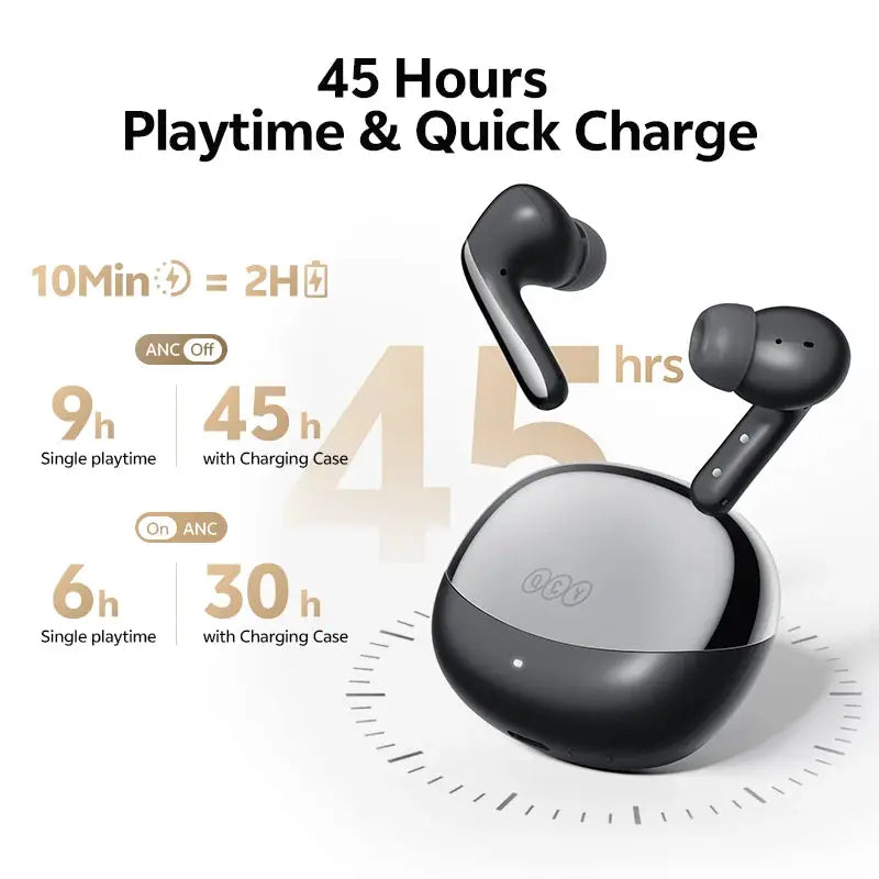 QCY MeloBuds N60 HT19 wireless earbuds with charging case; black/gray design with visible QCY logo