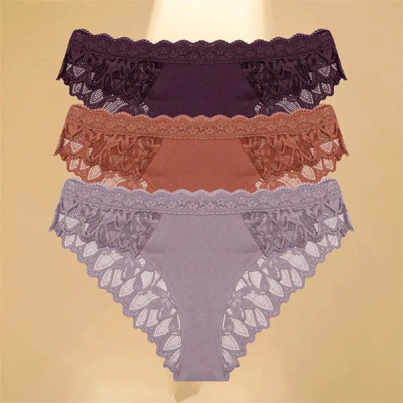 FINETOO 3-pack lace hollow-out women's low-waist floral briefs in plum, terracotta, lavender
