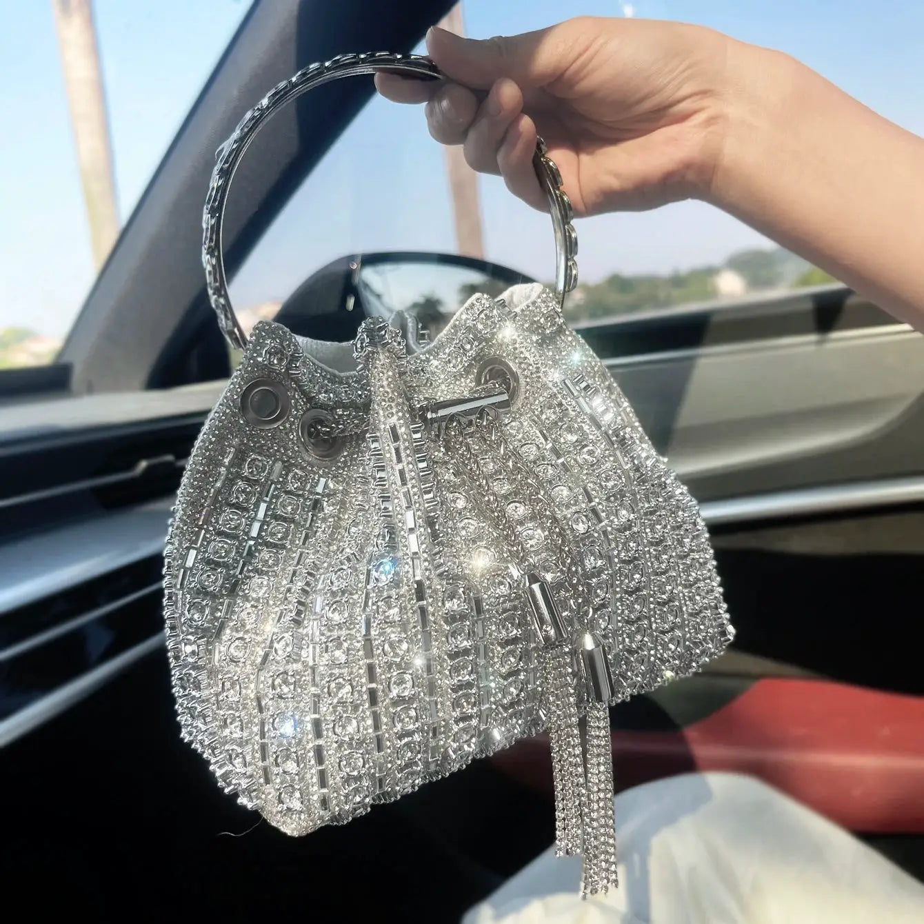 Simples Market crystal rhinestone bucket clutch purse with silver ring handle