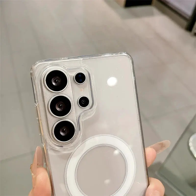 Original MagSafe clear case for Samsung Galaxy phones by Simples Market with circular back magnet ring
