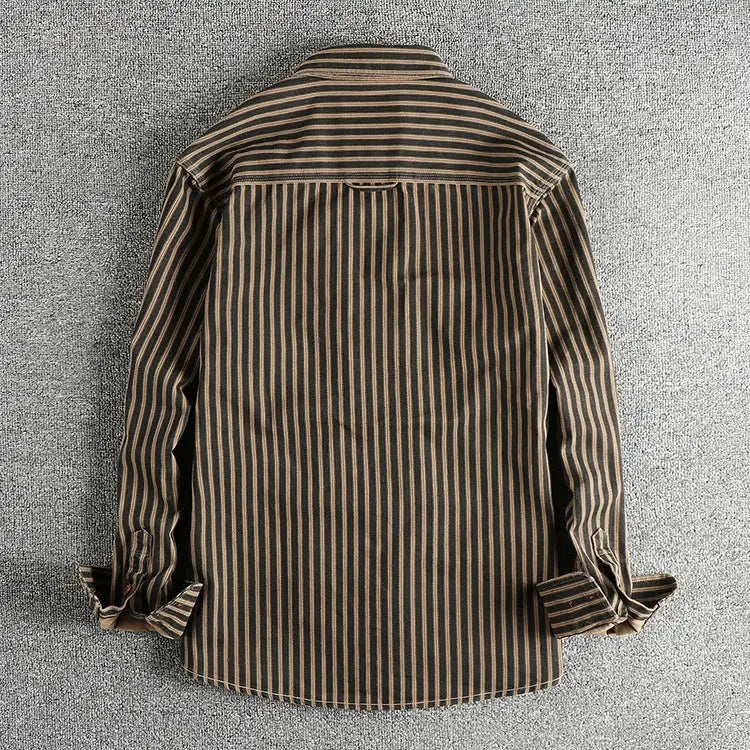Men's long-sleeve striped shirt in brown and beige, retro vertical stripes, back view