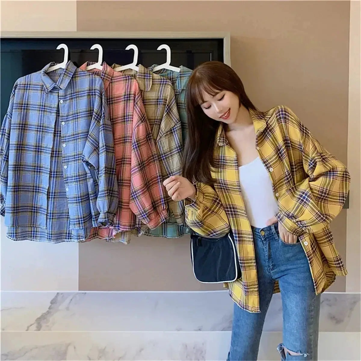 Simples Market Korean plaid blouse for women, yellow check oversized long-sleeve shirt; four plaid shirts on rack