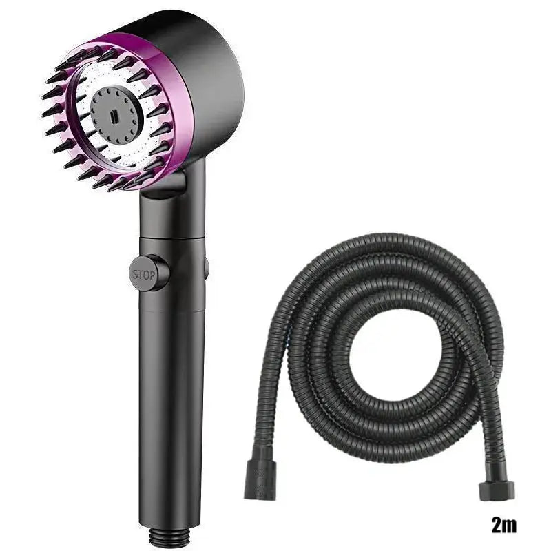 Portable shower head with three water modes, purple-ring massage head, and one-click stop knob with 2m hose.