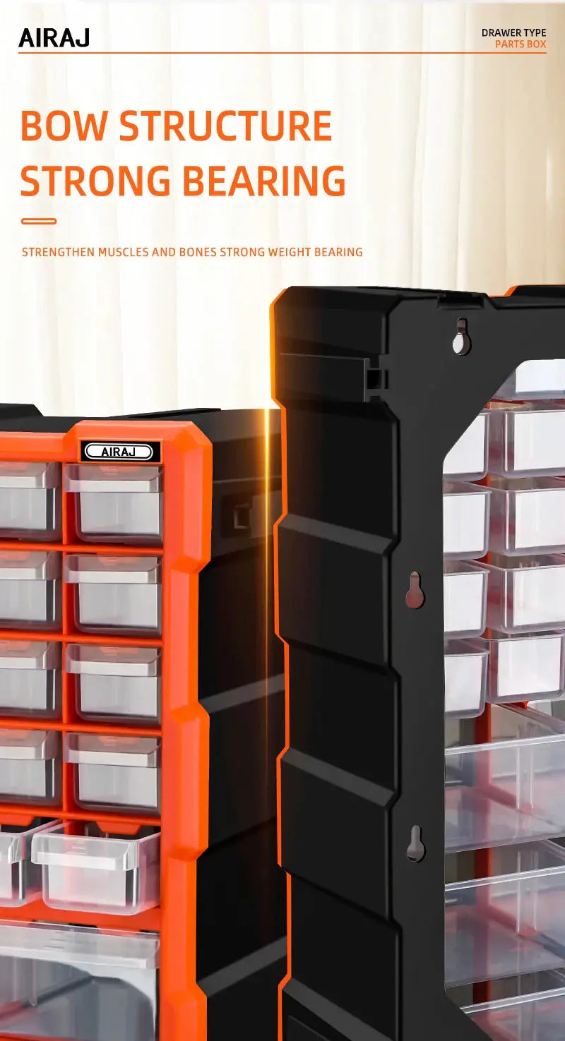 AIRAJ drawer parts box set, 2 spliceable transparent plastic storage units in orange and black with clear drawers.
