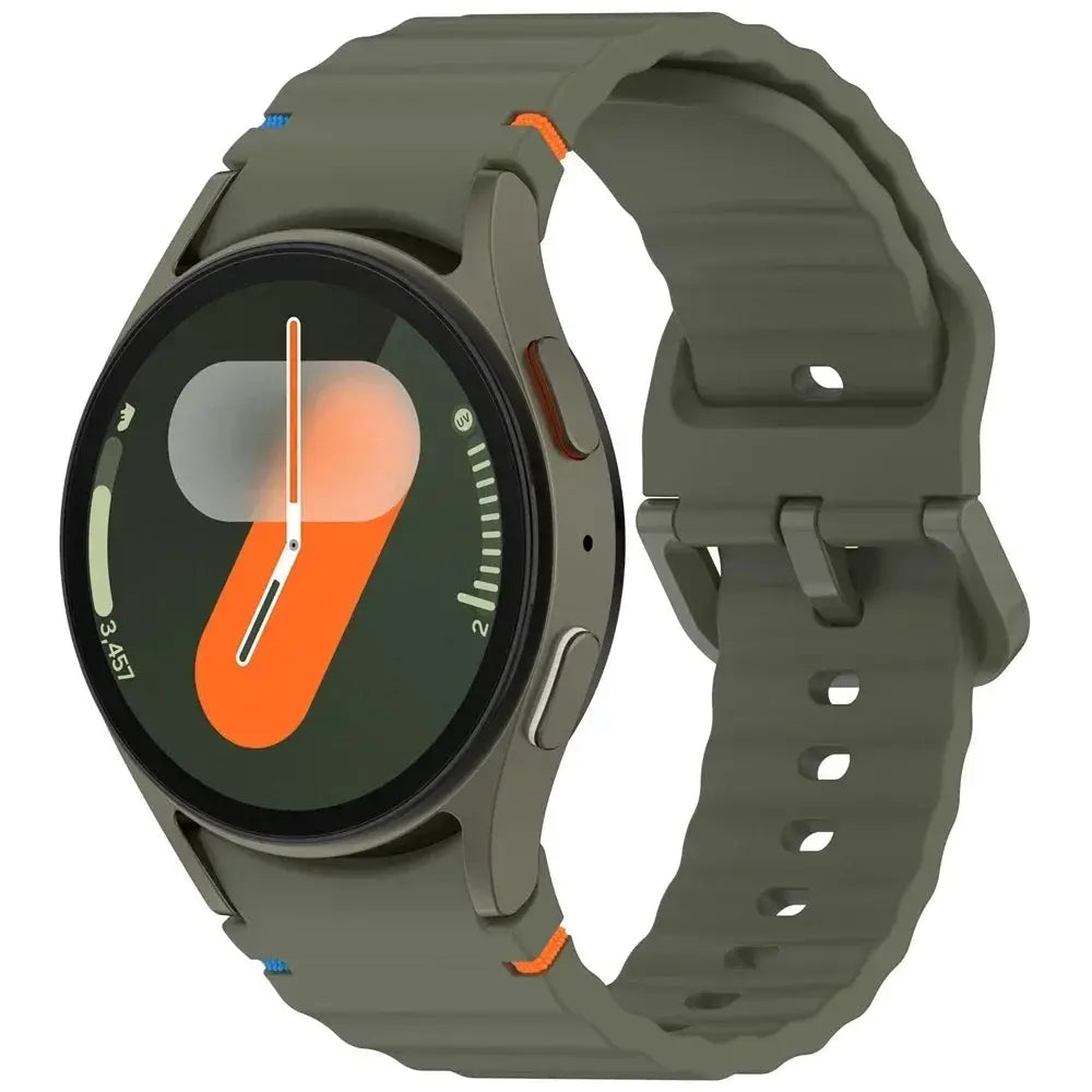 Original silicone sport band for Samsung Galaxy Watch 7/FE/5 Pro/6/4 olive green with orange stitch by Simples Market.