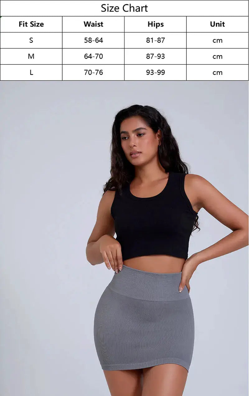 Women's gray knitted high-waist mini skirt with elastic waistband.