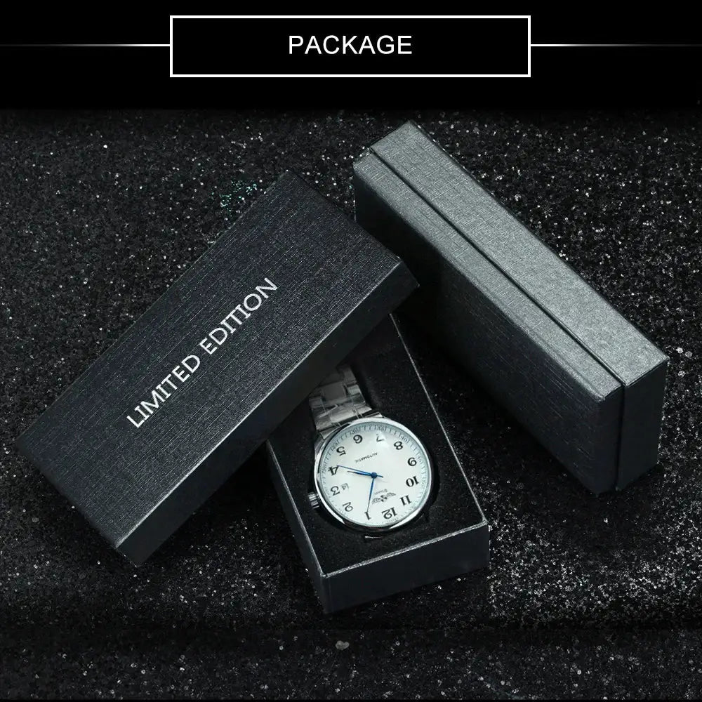WINNER men's fashion business watch with steel bracelet and white dial in a limited edition black box
