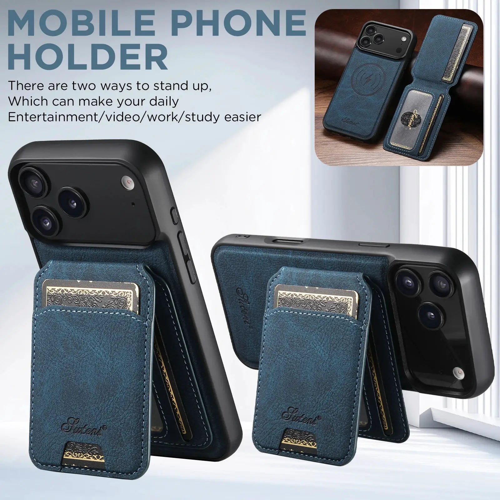 SUTENI Wireless Charging Case With Magnetic Card Holder Stand For iPhone 12 Through 17 Pro Max PU Leather