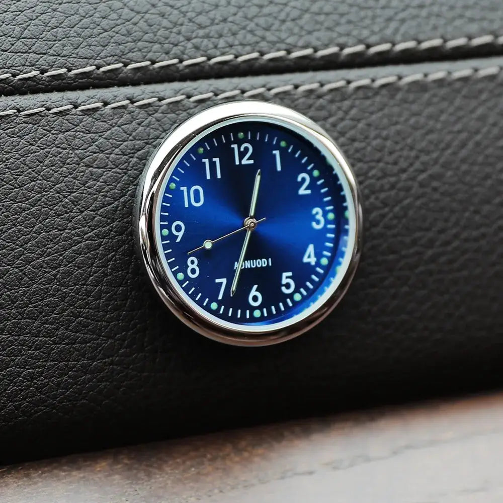 Car clock ornament; round blue luminous dial, metal bezel, Simples Market.