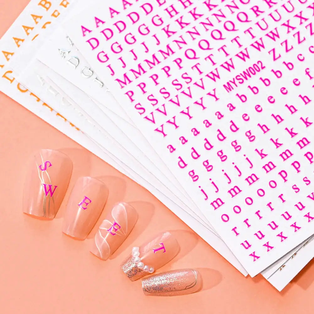 Simples Market 3D Alphabet Nail Stickers, pink letter decals on white sheets, self-adhesive manicure decals