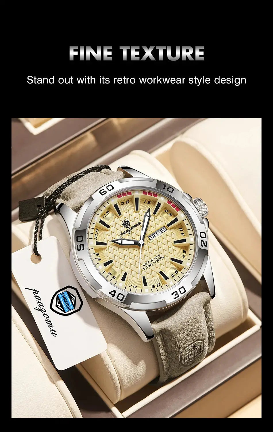 PAAZOMU men's luxury wristwatch with beige textured dial, stainless steel case and beige suede strap