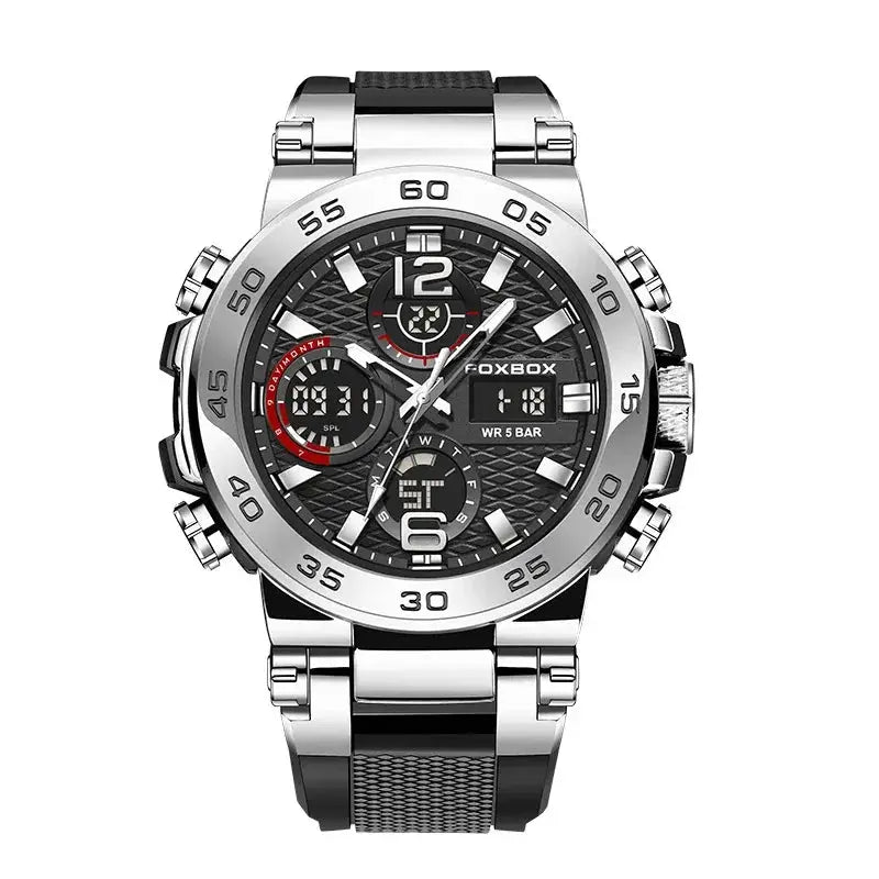 FOXBOX stainless steel men's wristwatch with analog-digital dial, multi-function subdials and 5 BAR water resistance