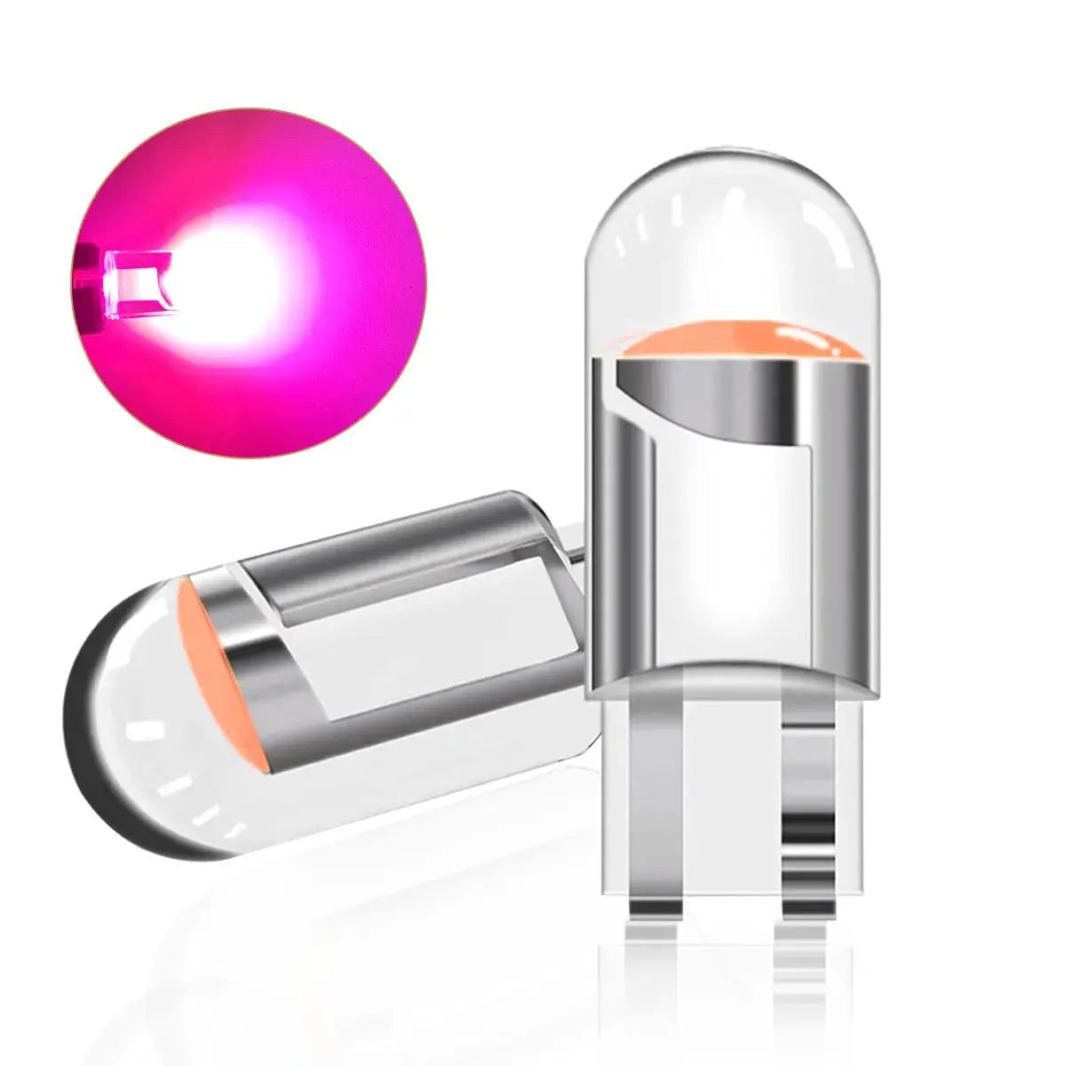 Two LED car bulbs with chrome bases and pink glow for W5W/T10 WY5W automotive lights