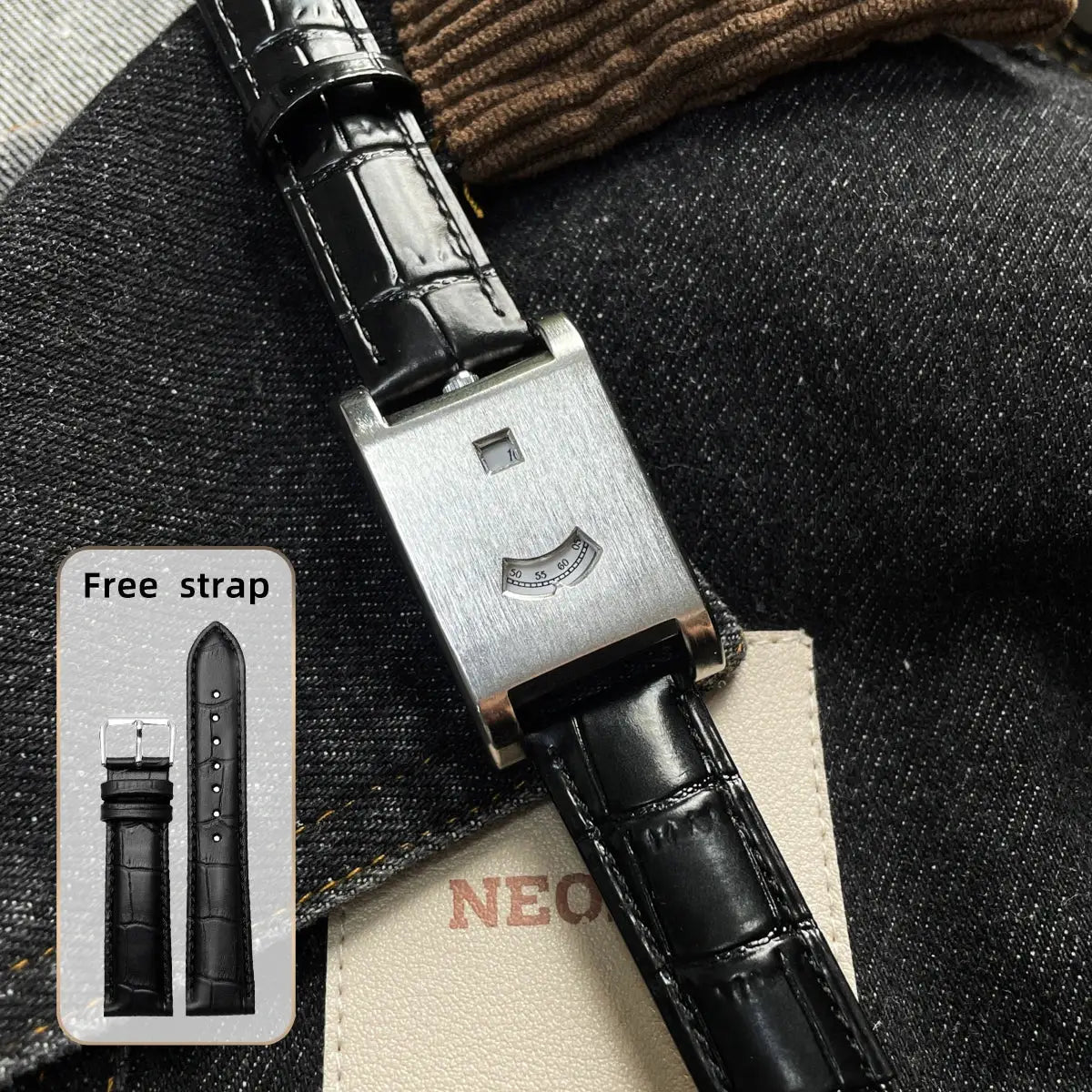 CILOA square men's automatic wristwatch with brushed steel case and black croc-embossed leather strap; free extra strap.