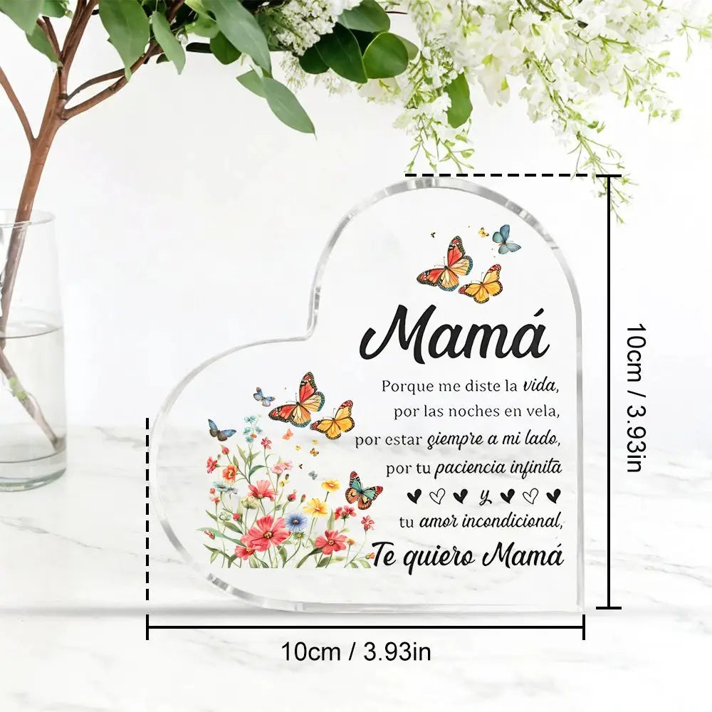 Heart-shaped clear acrylic gift plaque for Mom with floral bouquet and butterfly motif