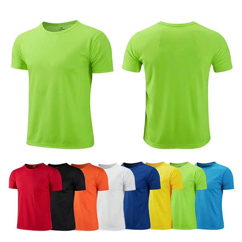 Men's quick-dry soccer jersey by Simples Market in lime green with front and back views and assorted color options
