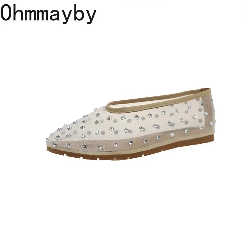 Fish Net Crystal Women Ballet Flats Slip On Dress Shoes Spring 2026