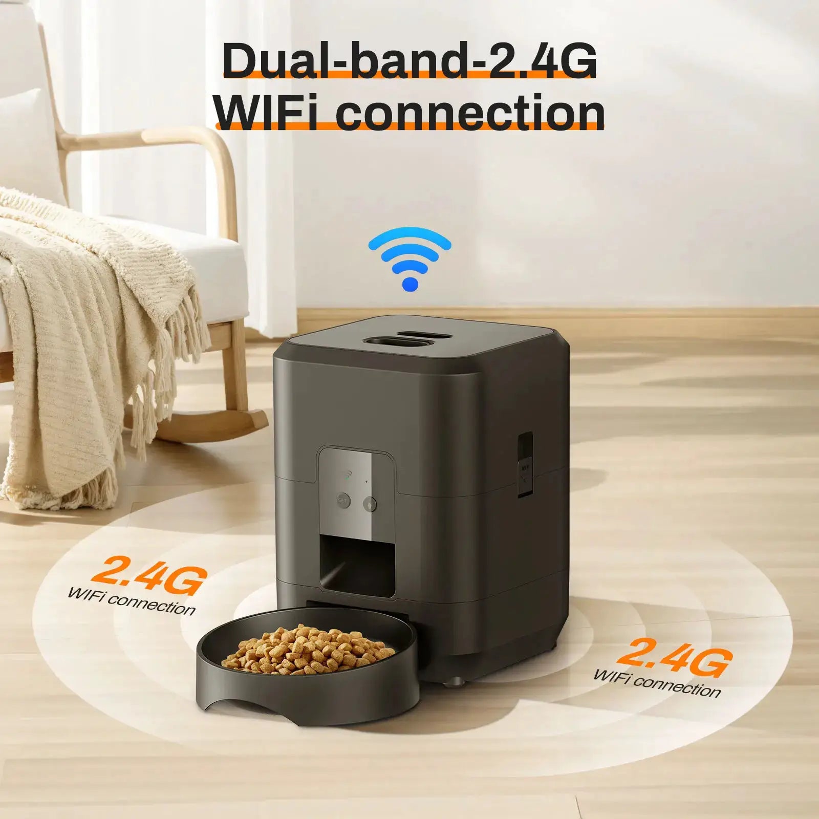 Simples Market smart pet feeder with WiFi, black automatic cat and dog food dispenser and bowl