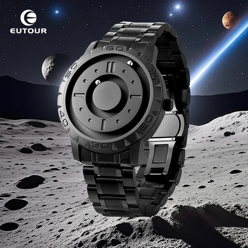 EUTOUR men's magnetic quartz waterproof watch with black dial and stainless steel bracelet