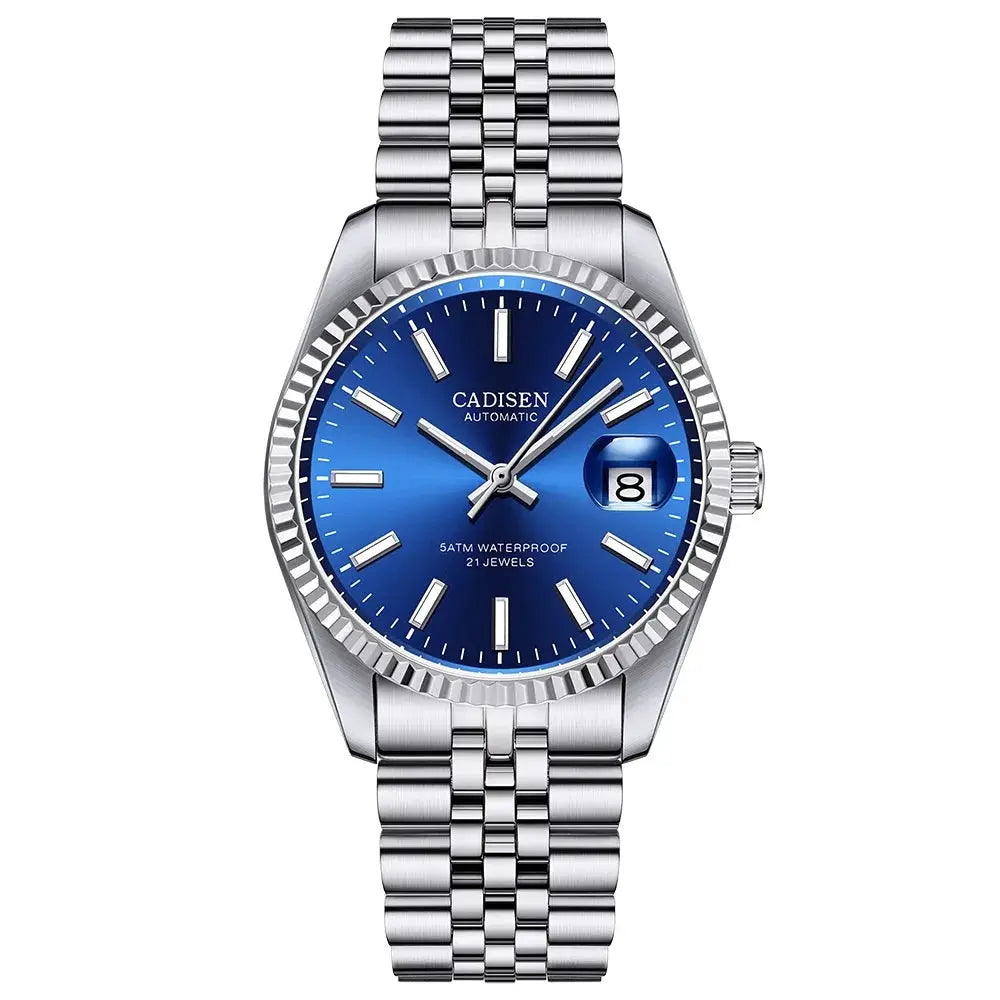 CADISEN men's automatic stainless steel watch with blue dial, date window, 5ATM waterproof