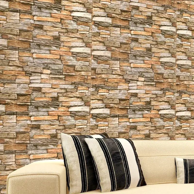 Wall sticker wallpaper, brown beige stone brick pattern, waterproof PVC decor for kitchen, bedroom or living room