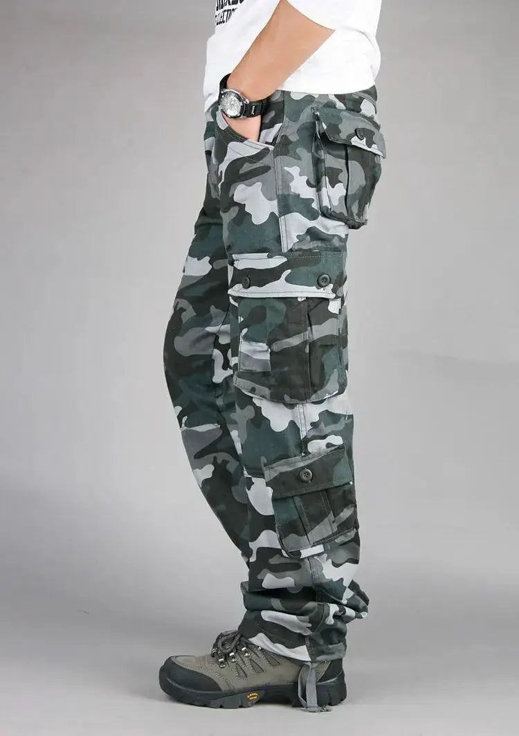 Men's tactical camouflage cargo pants, cotton fabric with green camo and multiple pockets