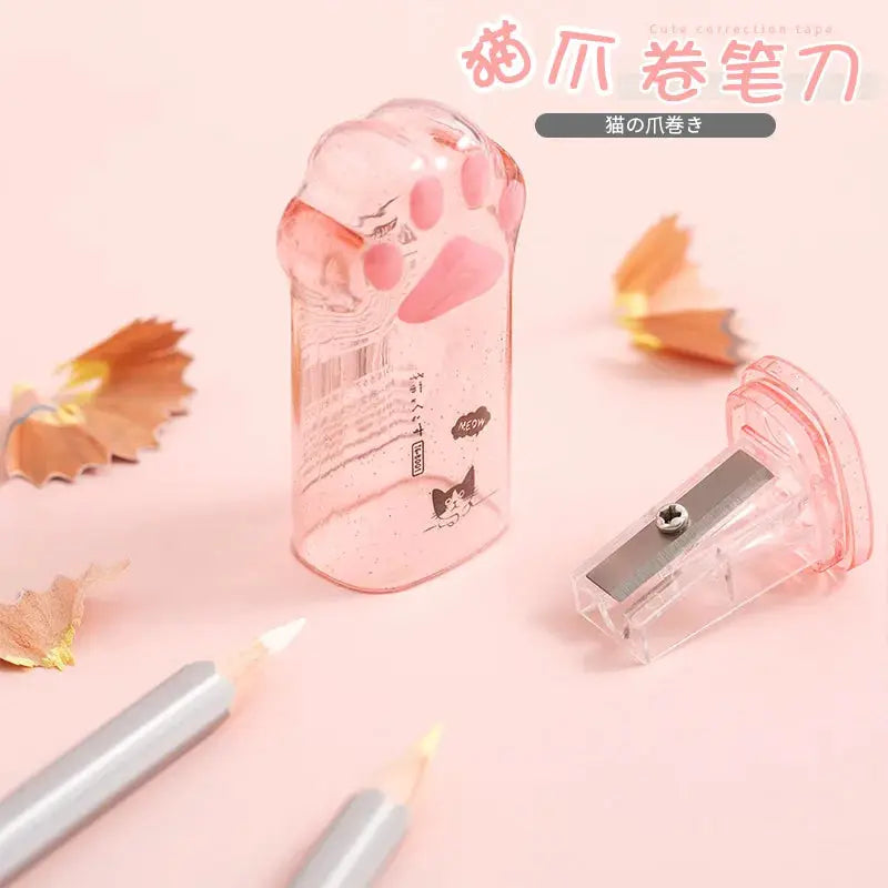 Simples Market Kawaii cat paw pencil sharpener set, pink translucent case and clear sharpener, 2 pcs