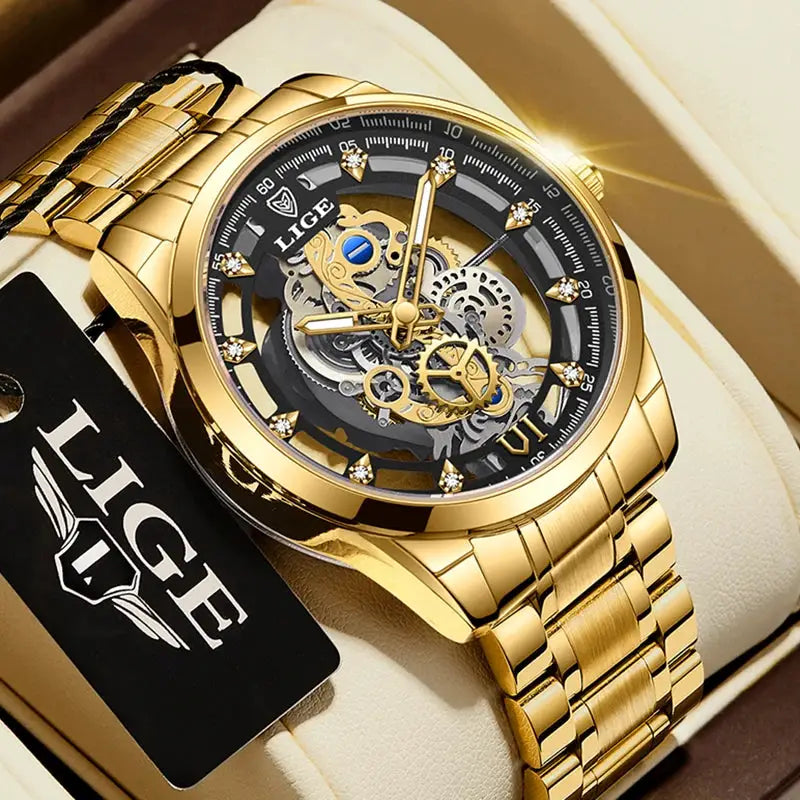 Original LIGE gold stainless steel skeleton men's quartz wristwatch with exposed gears and diamond markers