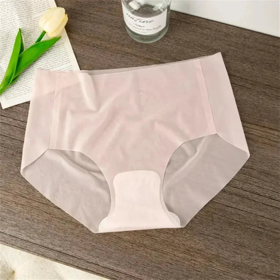 Ice Silk seamless underwear for women by Simples Market, light pink breathable quick-dry briefs, size M-XL