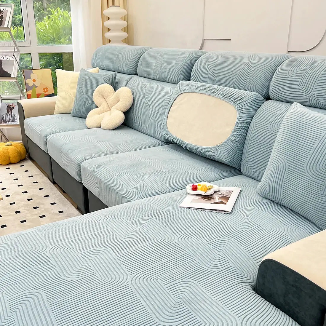 Sofa seat cushion cover, blue jacquard stretch, removable and washable by Simples Market