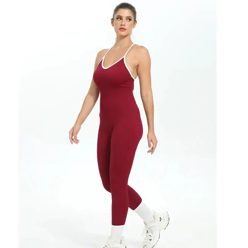 Women seamless ribbed jumpsuit in burgundy with white trim, spaghetti straps, slim athletic bodysuit