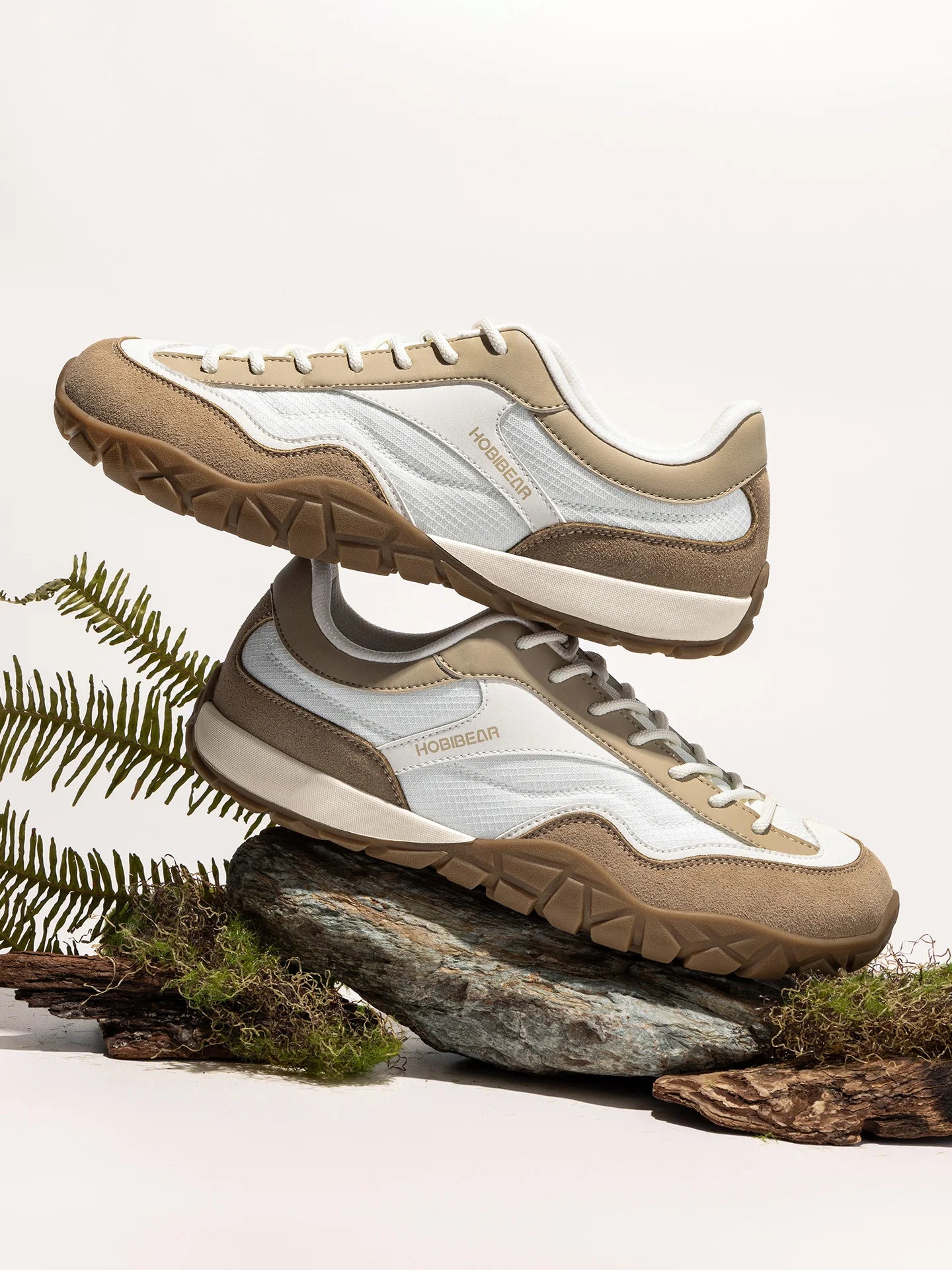 HOBIBEAR wide-width hiking shoes for unisex, white and tan suede with gum sole.
