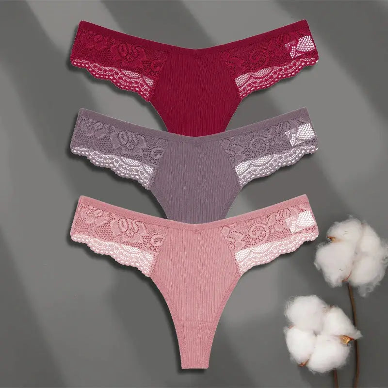 FINETOO 3Pcs cotton lace thong set by Simples Market in red, lavender-gray, and pink; low-rise bikini panties