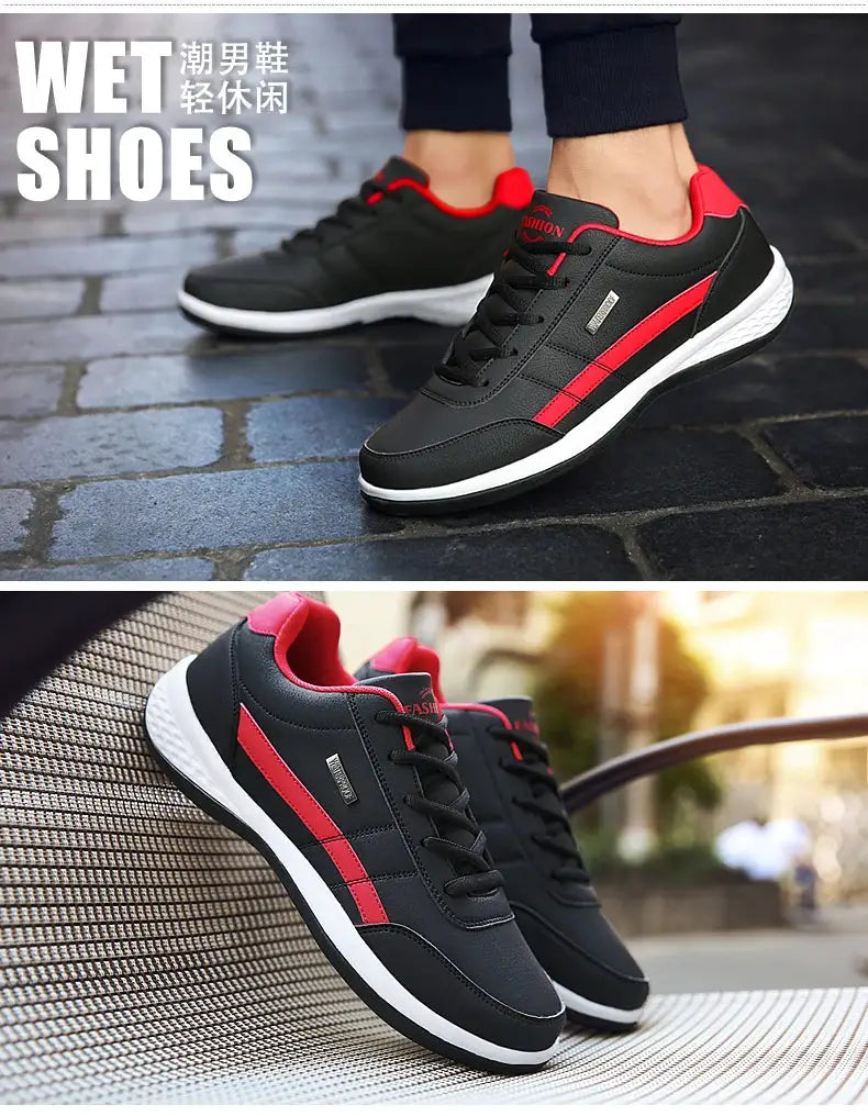 Leather men’s sneakers by Simples Market in black with red stripe and white sole