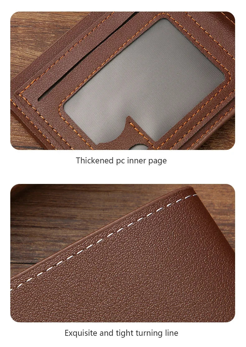 Slim brown leather bifold front-pocket wallet for men with RFID blocking and clear ID window