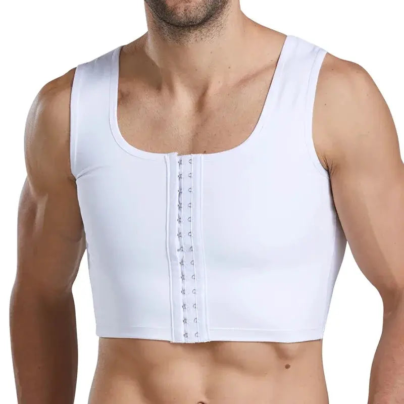 Men's white compression vest with front hook closures by Simples Market
