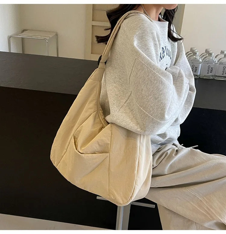 Beige soft-cloth shoulder bag, large hobo-style crossbody for women